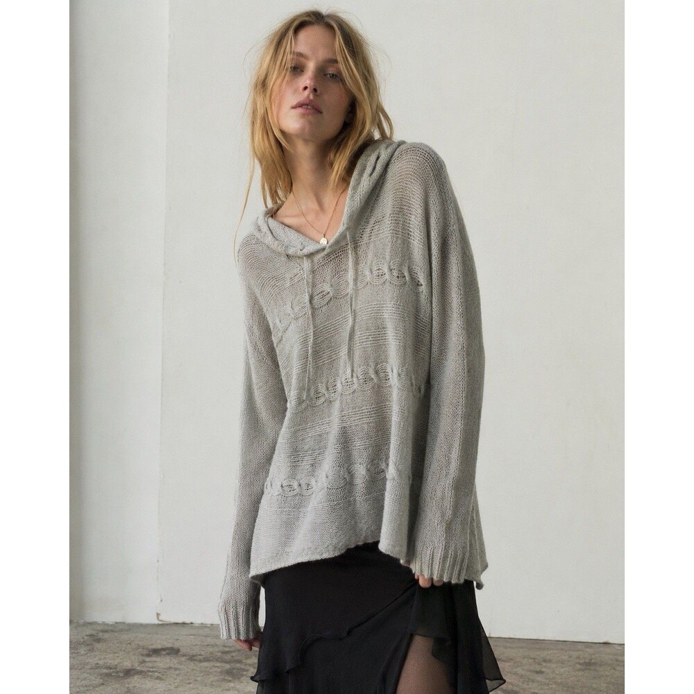 SUSS 100% Cashmere Hand-Loomed Open Knit Hoodie Sweater Gray Size 0 Soft Grunge